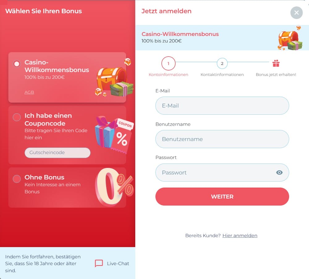 Crabslots Casino Screenshot mit der Anmeldeseite zum Eingeben der Daten,