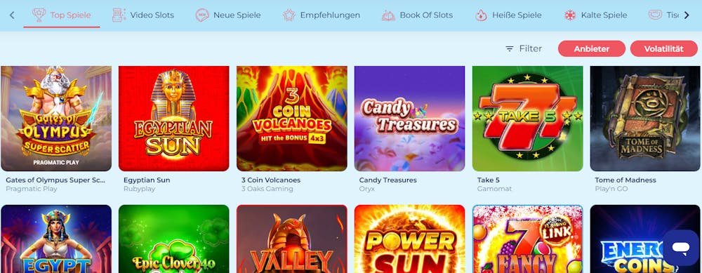 Crabslots Casino Screenshot mit der Auswahl der Slots.