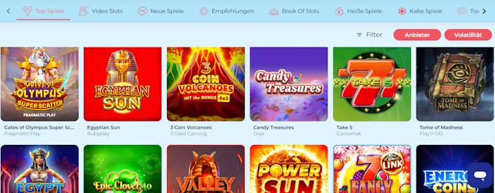 Crabslots Casino Screenshot mit der Auswahl der Slots.