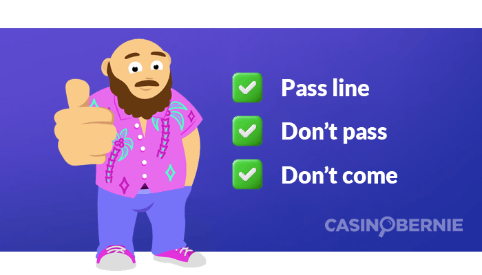 Casinobernie gibt einen Daumen hoch, rechts neben ihm 3 grüne Haken mit den Worten Pass Line, Don't Pass und Don't come für die beste Craps Strategie.