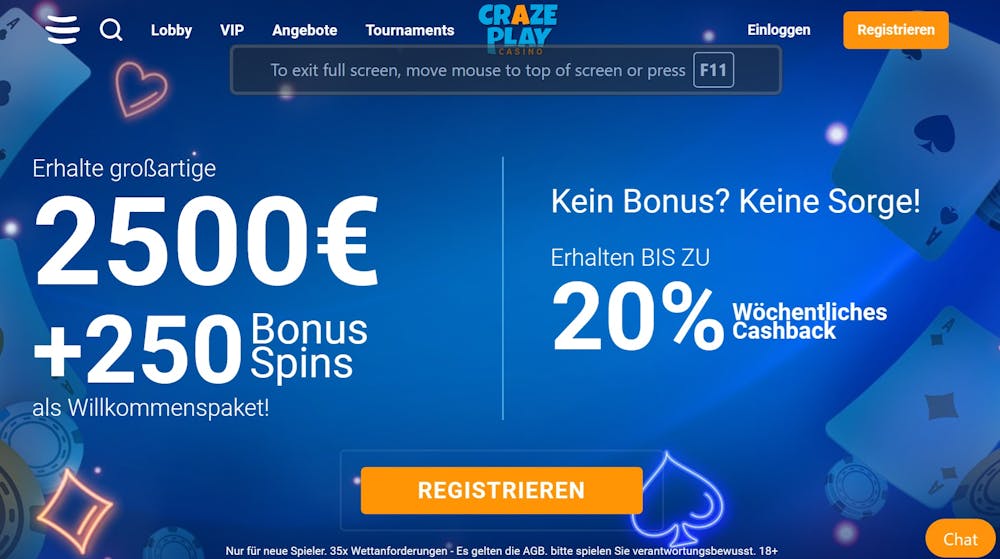 Die Startseite des CrazePlay Casinos zeigt den Willkommensbonus von 2.500 Euro und 250 Bonus Spins sowie 20 Prozent wöchentlichen Cashback