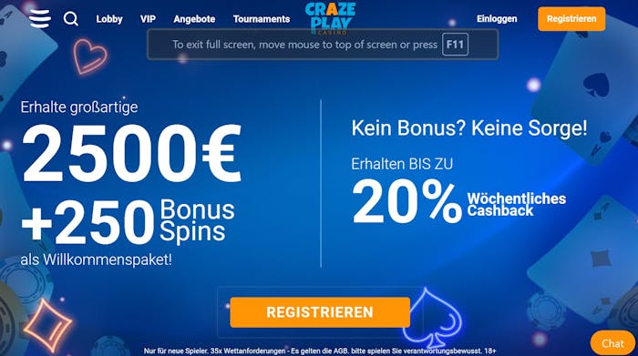 Die Startseite des CrazePlay Casinos zeigt den Willkommensbonus von 2.500 Euro und 250 Bonus Spins sowie 20 Prozent wöchentlichen Cashback