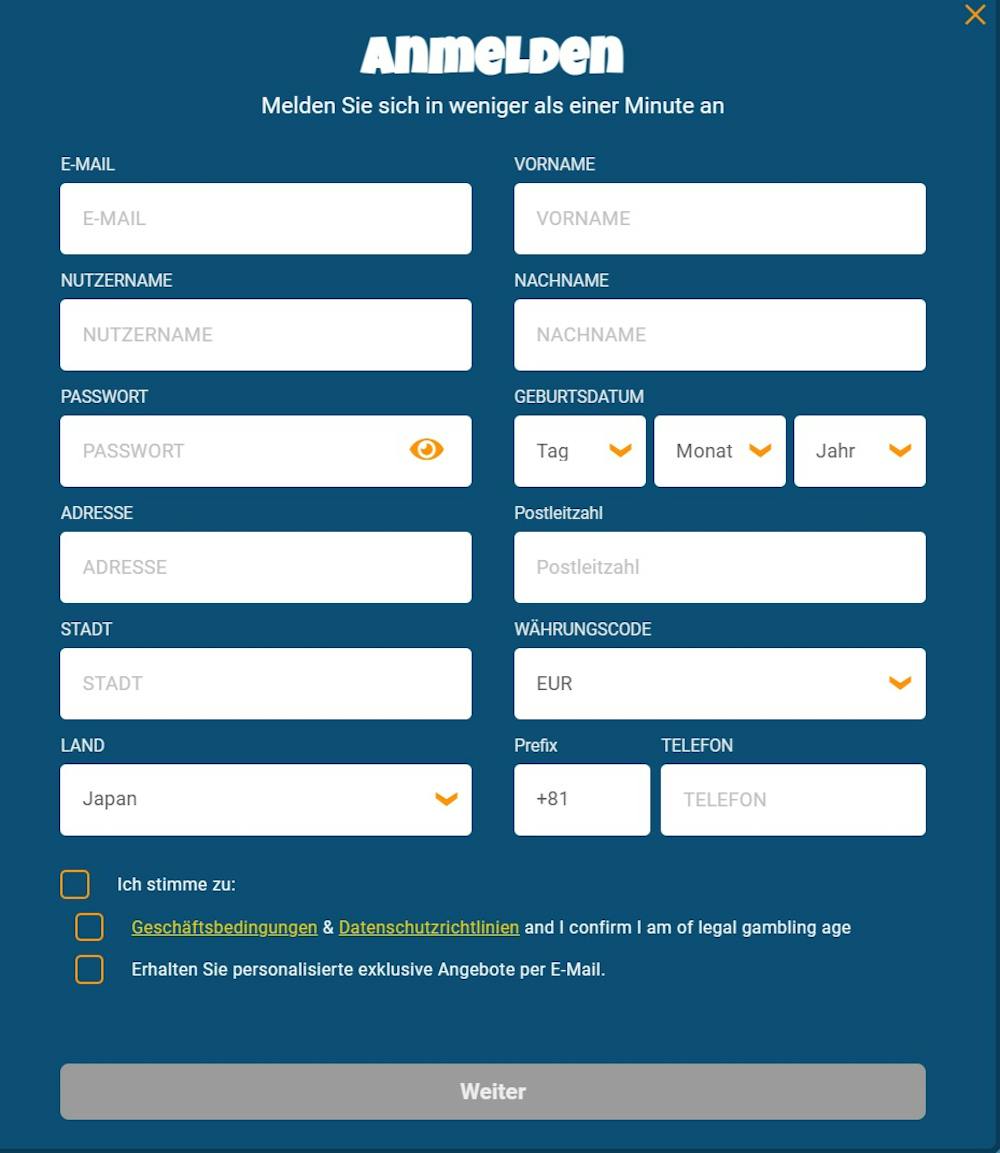 Registrierungsformular im CrazePlay Casino