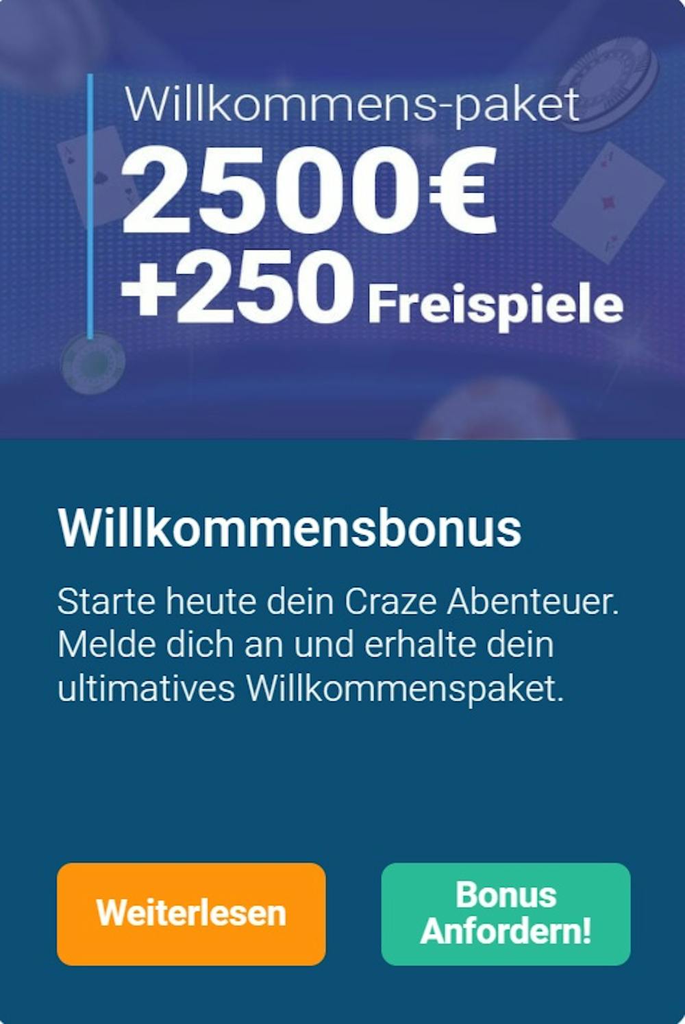 CrazePlay Casino Willkommensbonuspaket von bis zu 2.500 Euro und 250 Freispielen