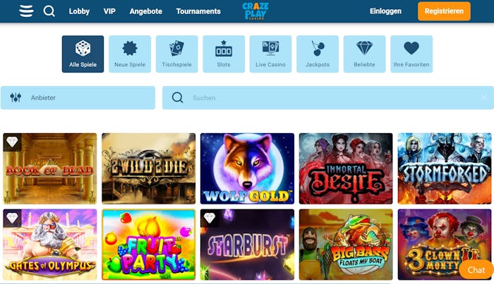 Spiellobby im CrazePlay Casino zeigt Spiele wie Starburst neben Filteroptionen und Spielkategorien.