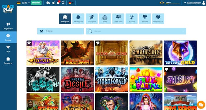 Spiellobby im Crazeplay Casino zeigt Spiele wie Gates of Olympus neben anderen Spielkategorien