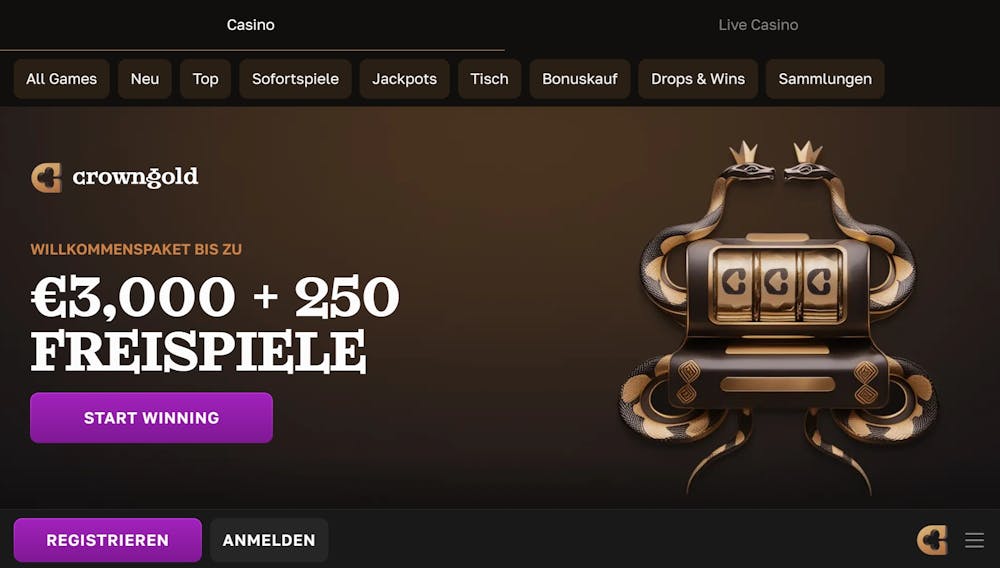 Startseite im Crown Gold Casino zeigt Willkommensbonus und Casino Bereiche