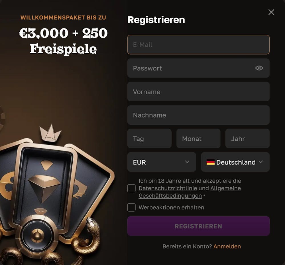 Anmeldeformular im Crown Gold Casino