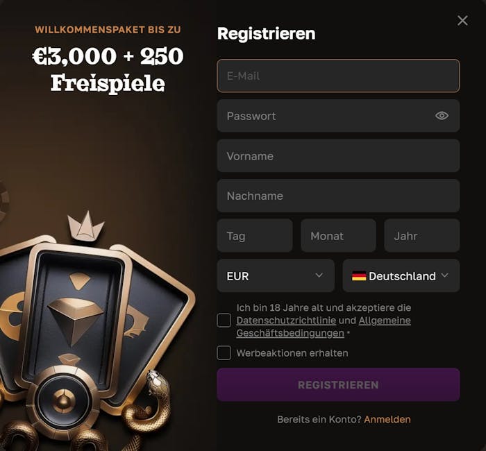 Anmeldeformular im Crown Gold Casino