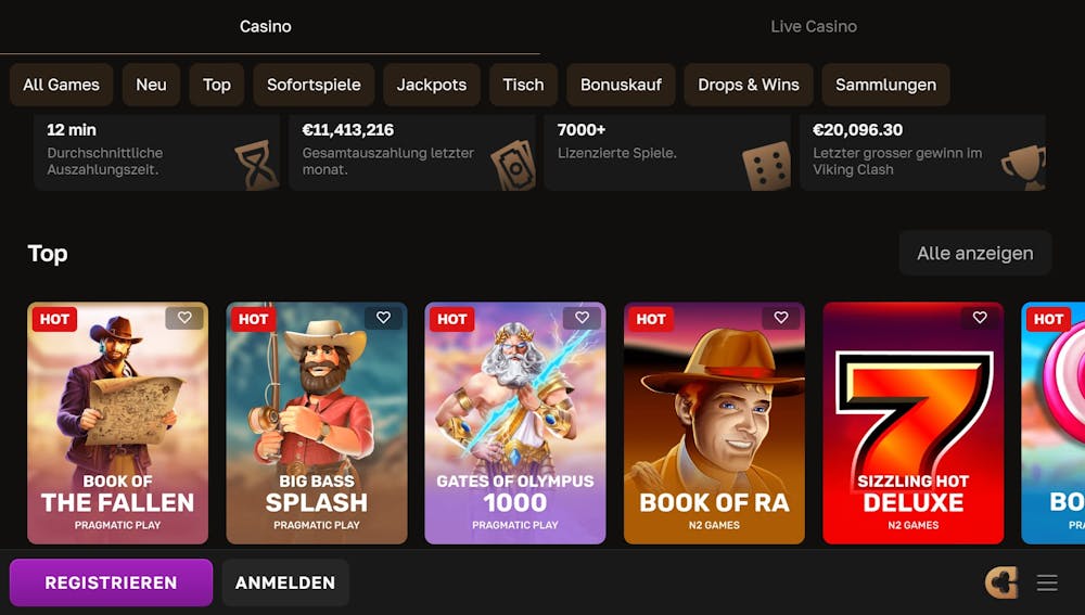 Crown Gold Casino Lobby zeigt Spiele wie Book of Ra neben anderen Spielkategorien