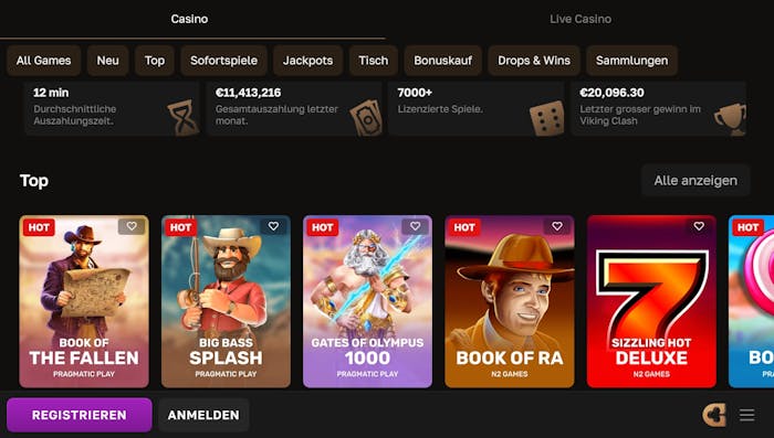 Crown Gold Casino Lobby zeigt Spiele wie Book of Ra neben anderen Spielkategorien