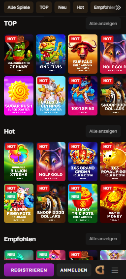 Crown Gold Casino Lobby zeigt Spiele wie Sugar Rush neben anderen Spielkategorien