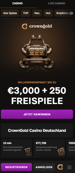 Startseite im Crown Gold Casino zeigt Willkommensbonus und Casino Bereiche