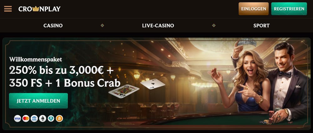 Die Webseite von Crownplay Casino, oben das Menü für die Anmeldung, unten eine Beschreibung des Willkomensbonus von bis zu 3000 € +350 Freispiele, rechts davon ein siegreiches Paar am Rouelle Tisch