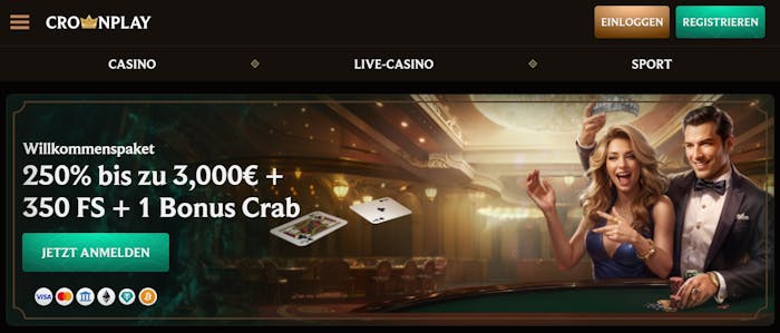 Die Webseite von Crownplay Casino, oben das Menü für die Anmeldung, unten eine Beschreibung des Willkomensbonus von bis zu 3000 € +350 Freispiele, rechts davon ein siegreiches Paar am Rouelle Tisch