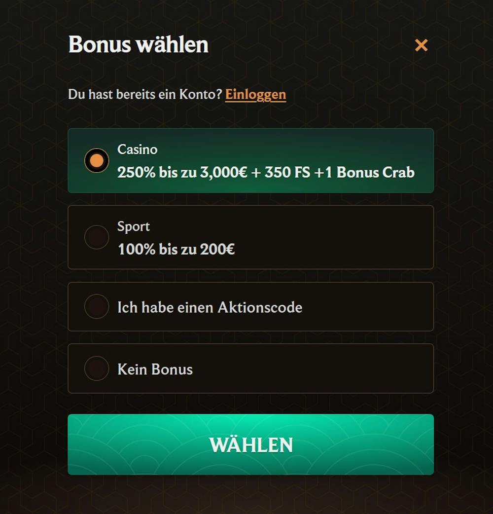 Die Anmeldemaske bei Crownplay mit der Möglichkeit einen Willkommensbonus zu wählen