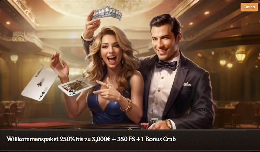 Der Willkommensbonus von Crownplay Casino, im Hintergrund ein junges Paar, siegreich am Pokertisch