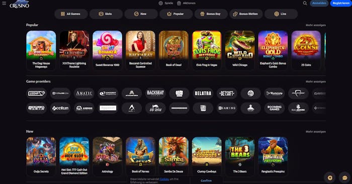 Spiellobby im Crusino Casino zeigt beliebte Spiele wie The Dog House Megaways neben Spieleanbietern und anderen Spielkategorien