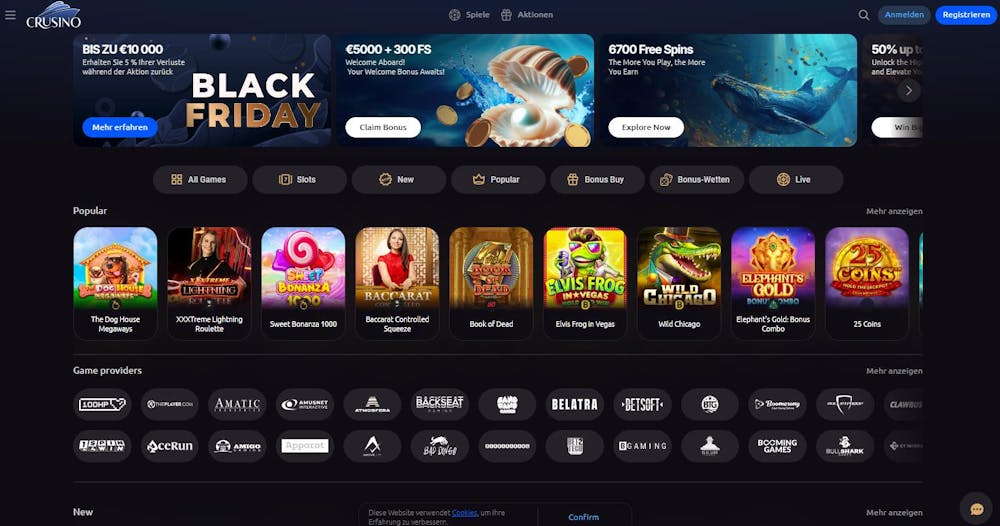 Startseite im Crusino Casino zeigt Aktionen, beliebte Spiele und Softwareanbieter 