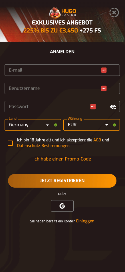 Registrierung im Hugo Casino