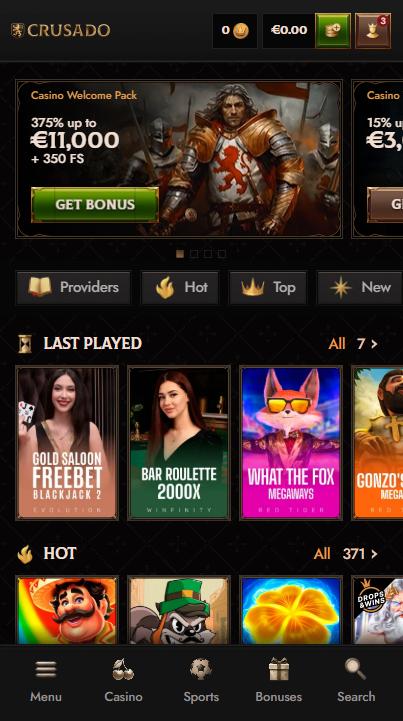 Startseite im Crusado Casino zeigt Willkommensbonus und Spielkategorien