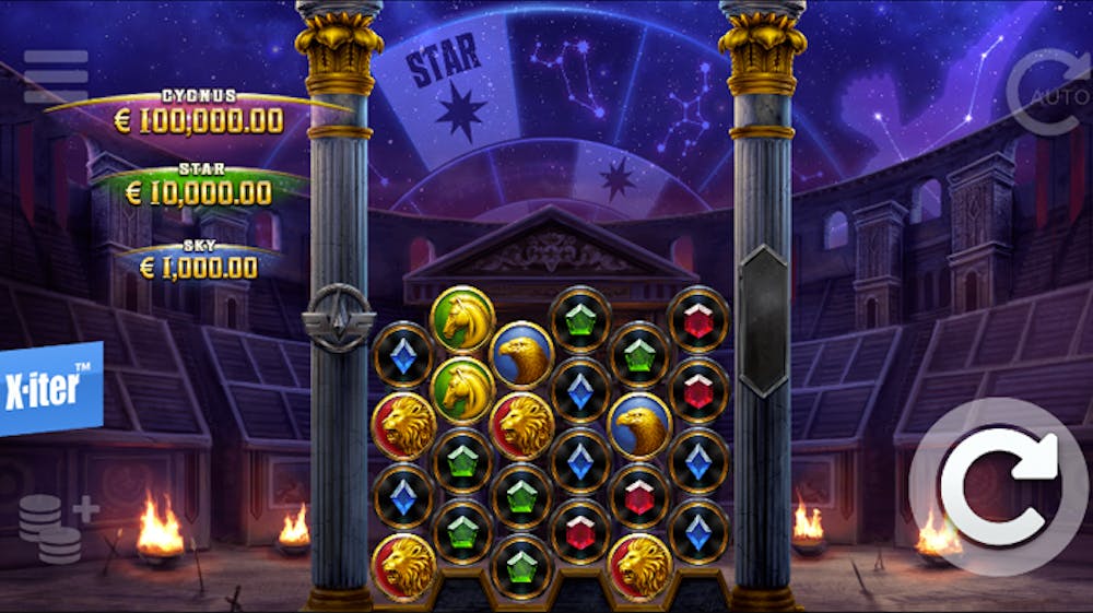 Ein Screenshot aus dem Spiel Cygnus 3 mit vielen verschiedenen Symbolen auf den Walzen