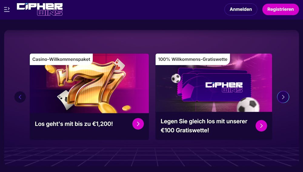 Screenshot vom Cipherwins mit dem Willkommensbonus Angebot.