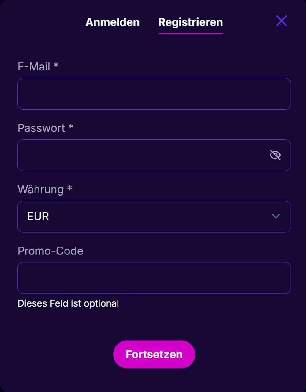 Cipherwins Casino Screenshot mit der Anmeldeseite zum Eingeben der Daten.