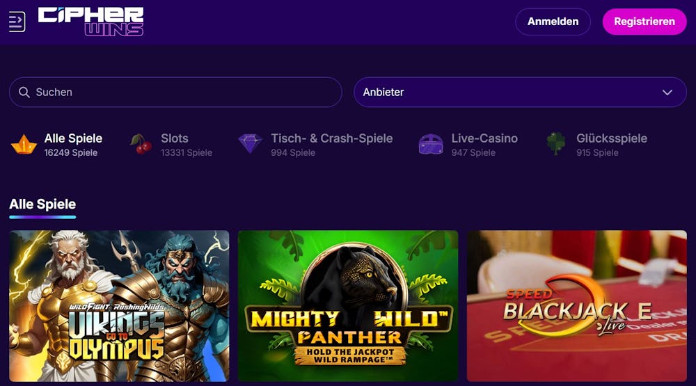 Cipherwins Casino Screenshot mit der Slotsauswahl, darunter der Slot Mighty Wild Panther.