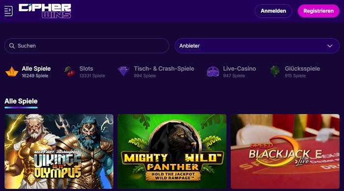 Cipherwins Casino Screenshot mit der Slotsauswahl, darunter der Slot Mighty Wild Panther.