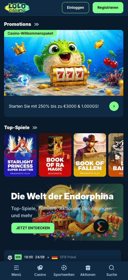 Startseite im Lolo Casino zeigt Willkommensbonus und top Spiele