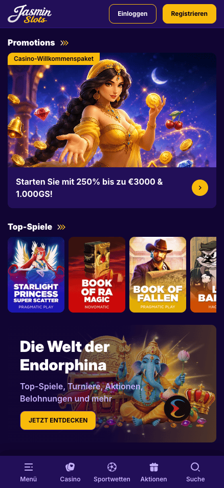 Startseite im Jasmin Slots Casino zeigt Willkommensbonus und top Spiele