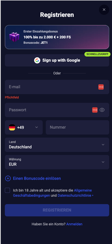 Anmeldeformular im Jet4Bet Casino