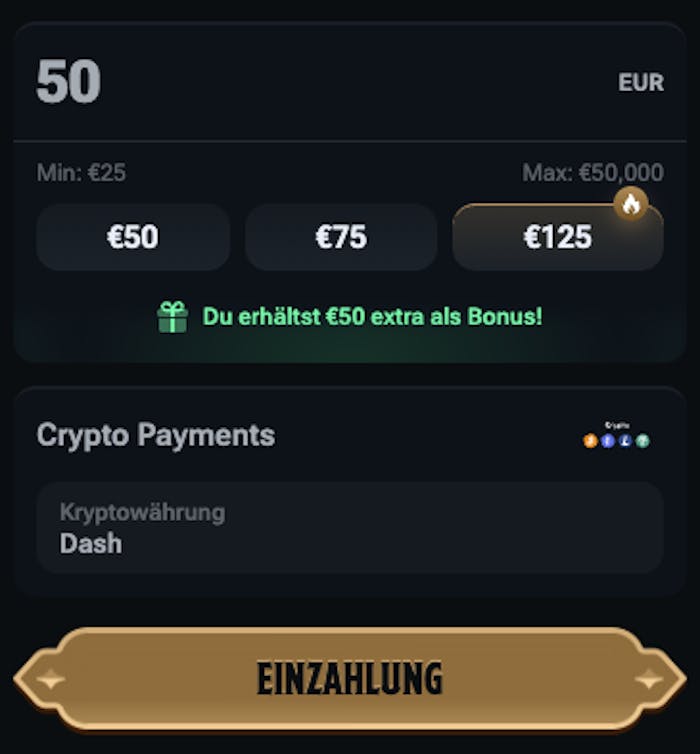 Auswahl von Dash als Zahlungsmethode im Dash Casino