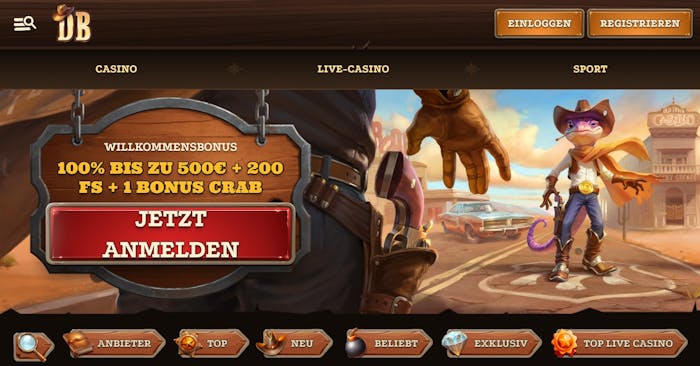 Die Homepage von Dazard Bet Casino mit einer Beschreibung über den Willkommensbonus von 100% bis zu 500 € + 200 FS