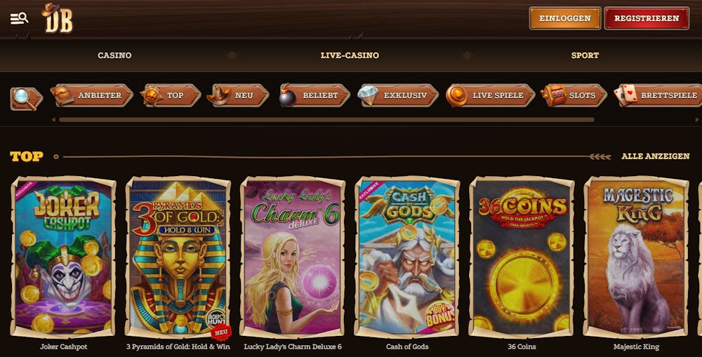 Die Spieleübersicht bei Dazard Bet Casino mit vielen verschiedenen Titeln wie Cash of Gods und Majestic King