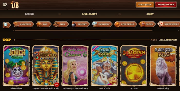 Die Spieleübersicht bei Dazard Bet Casino mit vielen verschiedenen Titeln wie Cash of Gods und Majestic King