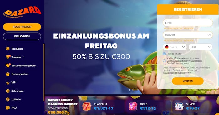 Dazard Casino Startseite mit einer Beschreibung über den Willkommensbonus von 50 % bis zu 300 €