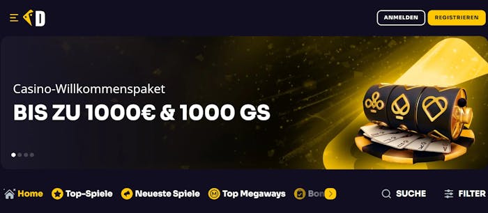 Startseite im Dazzlehand Casino zeigt Willkommenspaket und Spielkategorien