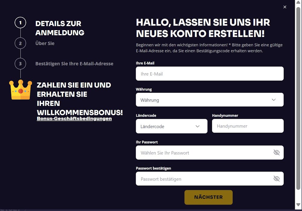 Anmeldeformular im Dazzlehand Casino