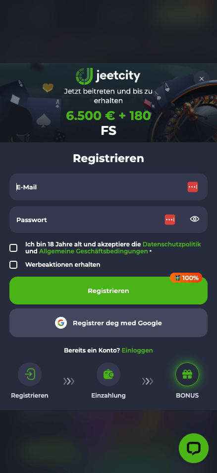 Registrierungsformular im Jeetcity Casino