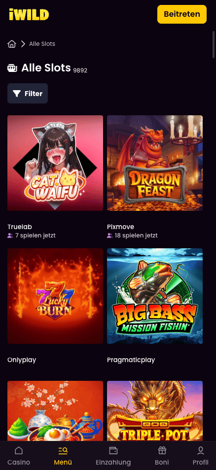 iWild Casino Spielauswahl zeigt Slots wie Truelab