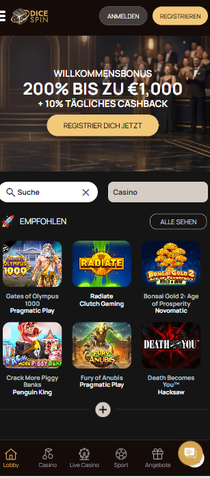 Dicespin Casino Screenshot mit der Startseite und dem Willkommensbonus.