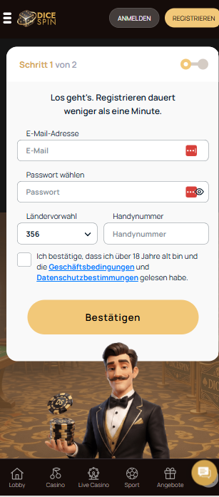 Dicespin Screenshot mit der Registrierungsseite.