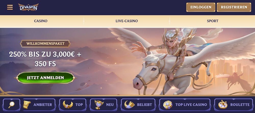 Startseite des Divaspin Casinos zeigt Willkommensbonus und Spielkategorien