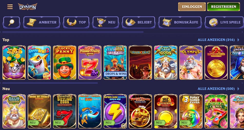 Spiellobby im Divaspin Casino zeigt Top Spiele wie Gates of Olympus neben anderern Spielkategorien