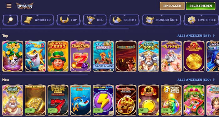 Spiellobby im Divaspin Casino zeigt Top Spiele wie Gates of Olympus neben anderern Spielkategorien