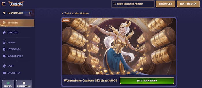 Screenshot vom Divaspin Casino mit dem Cashback Casino Angebot.