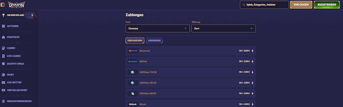 Diva Spin Casino Screenshot mit der Auswahl der Bezahlmethoden von dem Paysafecard Casino.