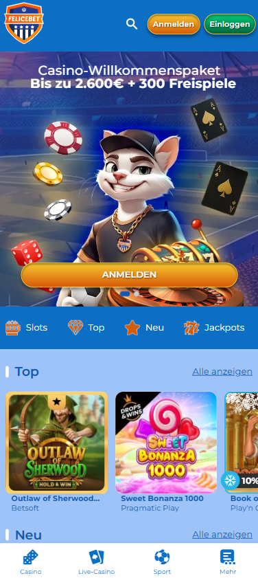 Startseite im Felicebet Casino zeigt Willkommenspaket und Spielkategorien